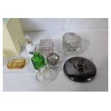 Eclectic Vintage Decor and Collectibles Lot with Blue Glass Bowl, Pen Set, and Trinket Jars