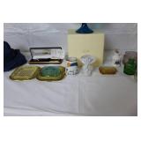 Eclectic Vintage Decor and Collectibles Lot with Blue Glass Bowl, Pen Set, and Trinket Jars