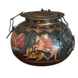 UL - Large Vintage Hand Painted Metal Rice Container with Indian Hunting Scene