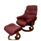 DN - Ekornes Burgundy Leather Recliner Chair with Ottoman, Made in Norway