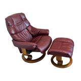 DN - Ekornes Burgundy Leather Recliner Chair with Ottoman, Made in Norway