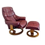 DN - Ekornes Burgundy Leather Recliner Chair with Ottoman, Made in Norway