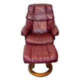 DN - Ekornes Burgundy Leather Recliner Chair with Ottoman, Made in Norway