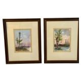 LLSTR - Pair of Framed Gerald Korte Original Watercolor Paintings