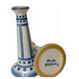 PTRY - Pair of M.A. Hadley Pottery 9-Inch Blue and White Candlesticks