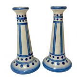 PTRY - Pair of M.A. Hadley Pottery 9-Inch Blue and White Candlesticks