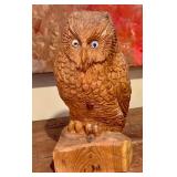 Hand-Carved Wooden Owl Sculpture Signed C. Letty 2004, 13 Inches Tall