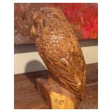 Hand-Carved Wooden Owl Sculpture Signed C. Letty 2004, 13 Inches Tall