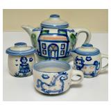 PTRY - M.A. Hadley Pottery Country Scene Teapot with 8 Teacups Hand-Painted