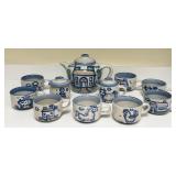 PTRY - M.A. Hadley Pottery Country Scene Teapot with 8 Teacups Hand-Painted