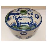 PTRY - M.A Hadley Pottery Lidded Dish with Pig Motif 10.5 x 6 Inches