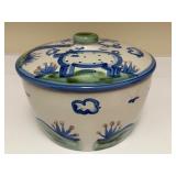 PTRY - M.A Hadley Pottery Lidded Dish with Pig Motif 10.5 x 6 Inches