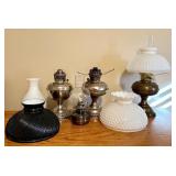 LL - Lot of 6 Vintage Oil Lamps and Glass Lamp Shades, Mixed Condition
