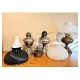 LL - Lot of 6 Vintage Oil Lamps and Glass Lamp Shades, Mixed Condition