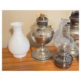 LL - Lot of 6 Vintage Oil Lamps and Glass Lamp Shades, Mixed Condition