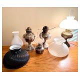 LL - Lot of 6 Vintage Oil Lamps and Glass Lamp Shades, Mixed Condition