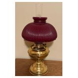 LL - Vintage Brass Oil Lamp with Ribbed Red Glass Shade