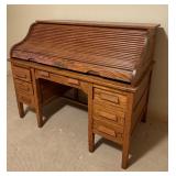 LLO - Vintage Oak S-Curve Roll Top Desk with Drawers and Cubbies