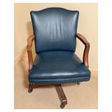 LLO- Vintage Blue Leather Office Chair with Wood Frame and Casters