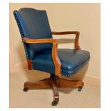 LLO- Vintage Blue Leather Office Chair with Wood Frame and Casters