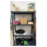 Plastic 3 Shelf Rack w Misc Household Contents Inc Nike Training Belt, Hats, Tin, Animal Figurines & Bank & More