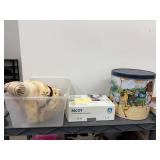 Plastic 3 Shelf Rack w Misc Household Contents Inc Nike Training Belt, Hats, Tin, Animal Figurines & Bank & More