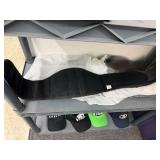 Plastic 3 Shelf Rack w Misc Household Contents Inc Nike Training Belt, Hats, Tin, Animal Figurines & Bank & More