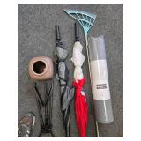 Mixed Household and Outdoor Lot with Yoga Mat, Rake, Umbrellas, Plant Pot, and Mercedes-Benz License Frame