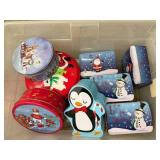 Holiday and Winter Themed Tin Collection with Metal Cookware and Plastic Container