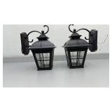 Pair of Outdoor LED Wall Mount Lanterns Black Metal Glass 16 x 9 Inch - used condition