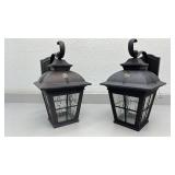 Pair of Outdoor LED Wall Mount Lanterns Black Metal Glass 16 x 9 Inch - used condition