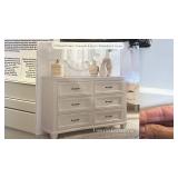6 Drawer Dresser in White Finish with Damaged Corner, one drawer stuck in place