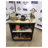 Lot of Bench Grinders, Buffers, and Pulley Parts on Rolling Cabinet