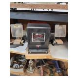 Lot of Bench Grinders, Buffers, and Pulley Parts on Rolling Cabinet