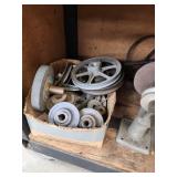 Lot of Bench Grinders, Buffers, and Pulley Parts on Rolling Cabinet