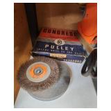 Lot of Bench Grinders, Buffers, and Pulley Parts on Rolling Cabinet