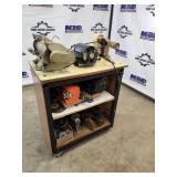 Lot of Bench Grinders, Buffers, and Pulley Parts on Rolling Cabinet