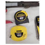 Mixed Lot of Caulking Guns, Tape Measures, Stanley Hand Saw, and Pneumatic Tools