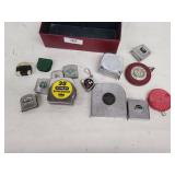 Collection of Vintage and Modern Tape Measures with Metal Storage Box