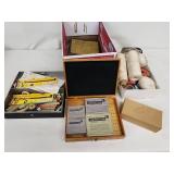 Vintage Lettering and Marking Tools Collection with Stencils, Pencils, and Wire Spools