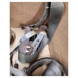 Group of Heavy Duty Pulley Blocks, Ratchet Straps, and Steel Cables