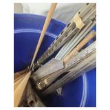 Large Blue Barrel with Assorted Metal Tubing, Rods, and Screening Material