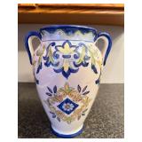 Hand-Painted Ceramic Vase with Dual Handles and Floral Motif, 12 Inch