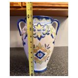 Hand-Painted Ceramic Vase with Dual Handles and Floral Motif, 12 Inch