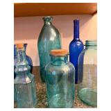 Collection of 7 Blue and Aqua Glass Bottles and Vases