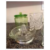 Collection of Vintage Glass Jars, Bottles, Juicer, and White Pitcher