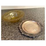 Vintage Etched Amber Glass Bowl and Elise Silverplate Tray Set