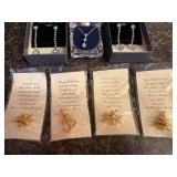 Collection of Gold Tone Vintage Brooches and Rhinestone Jewelry in Gift Boxes