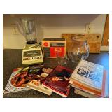 Vintage Osterizer Galaxie Blender, Hoover 8900 Mixer, Cookbooks, and Glassware Assortment