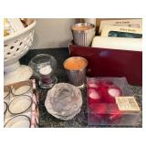 Large Collection of Candles, Holders, and Spa Accessories